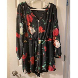 Floral Rose Women's Romper Zip Front With Pockets